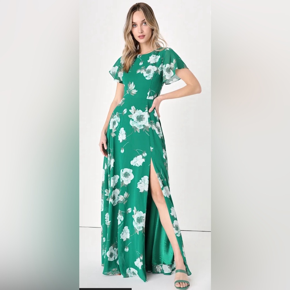 Lulu's Teal/Green Floral Backless Maxi Dress